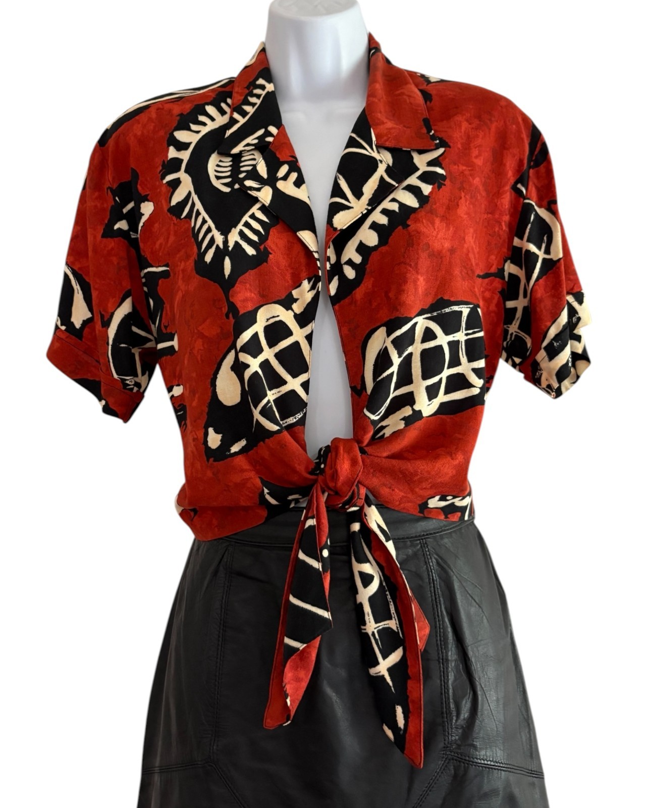 Vintage 80s-90s Tie Front Blouse Batik Rayon Shirt Open Front Virgo II S/M
