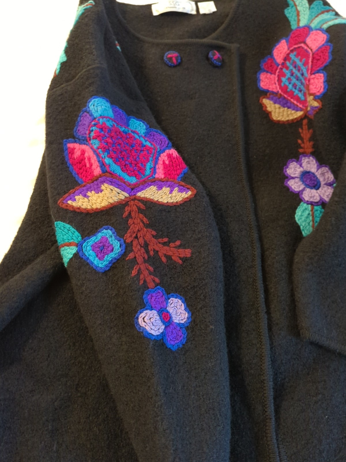 80’s Vtg Catharine Lover Wool Coat Sweater L SSG Embroidered Made in Hong Kong