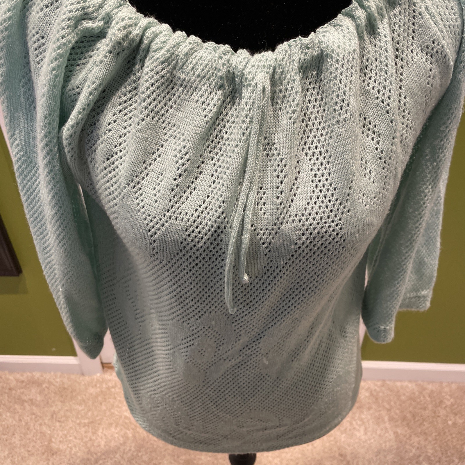 Vintage Garland 80s 3/4 Length Sweater Mint Green Roses Sheer Light Small Xs