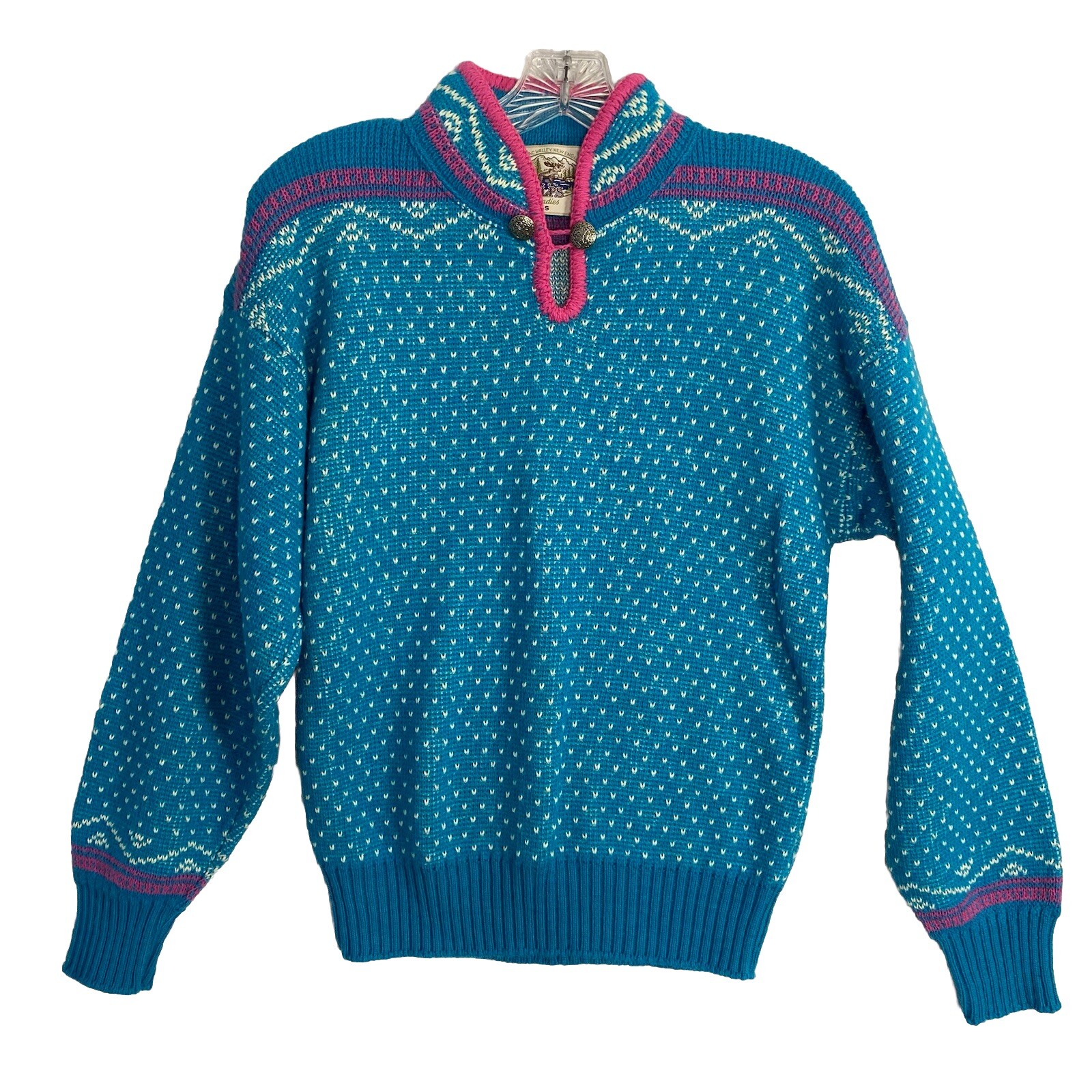 VTG ALPS Wool Acrylic Sweater Womens S Blue Pink Retro England Polka Dot Aztec