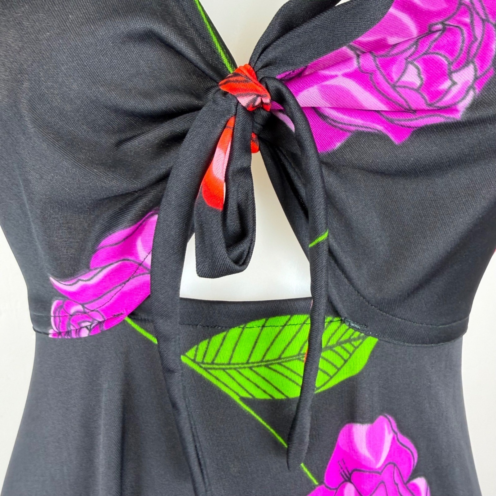 VTG Floral Halter Maxi Dress Black Red Purple Rose Keyhole Tie Back Summer