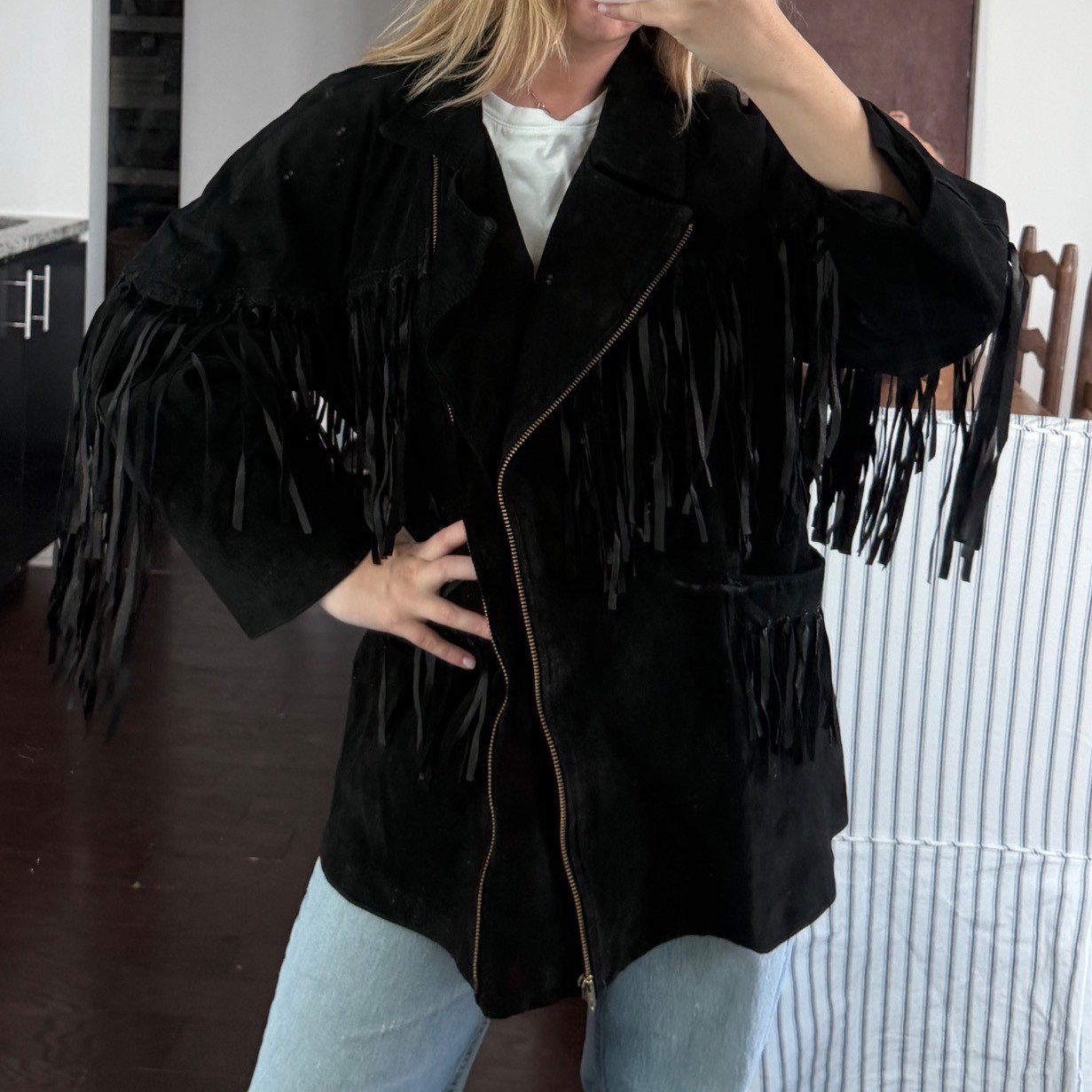 Vintage Black Genuine Suede Fringe Asymmetrical Zip-Up Western Leather Jacket