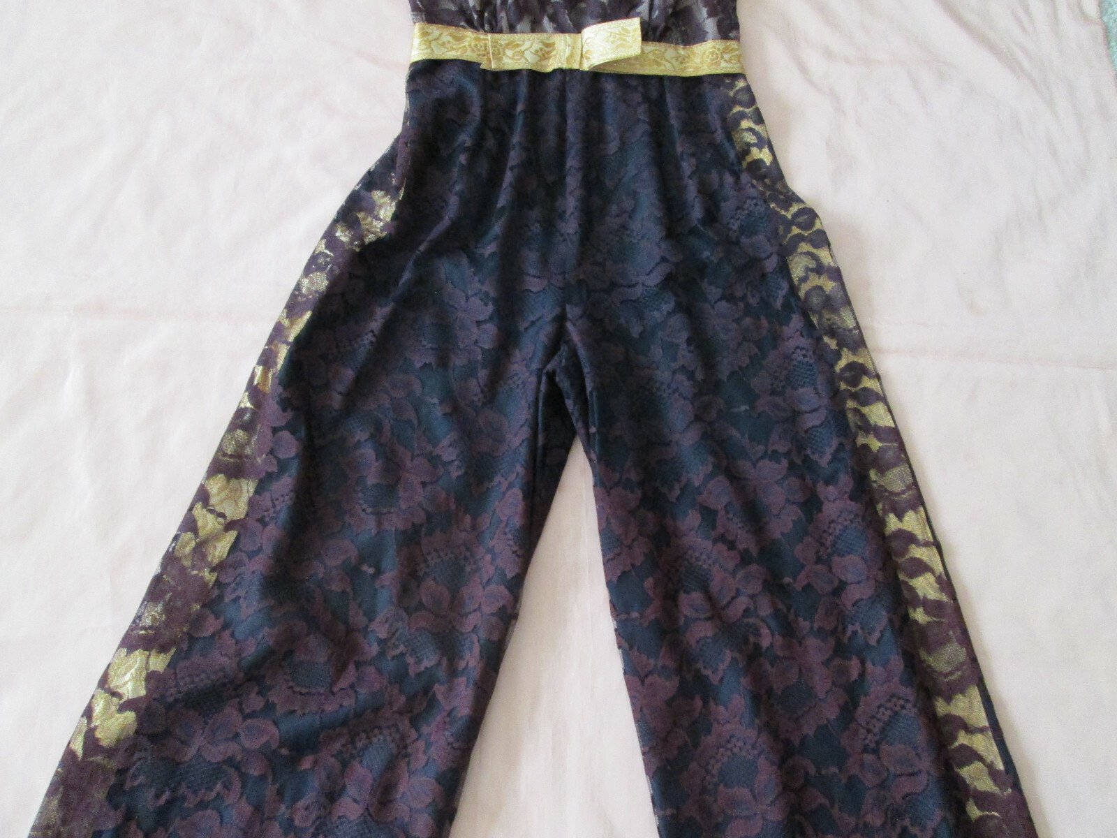 Vintage JUMPSUIT Black Lace METALLIC GOLD Shimmer detailing Melinda of Calif