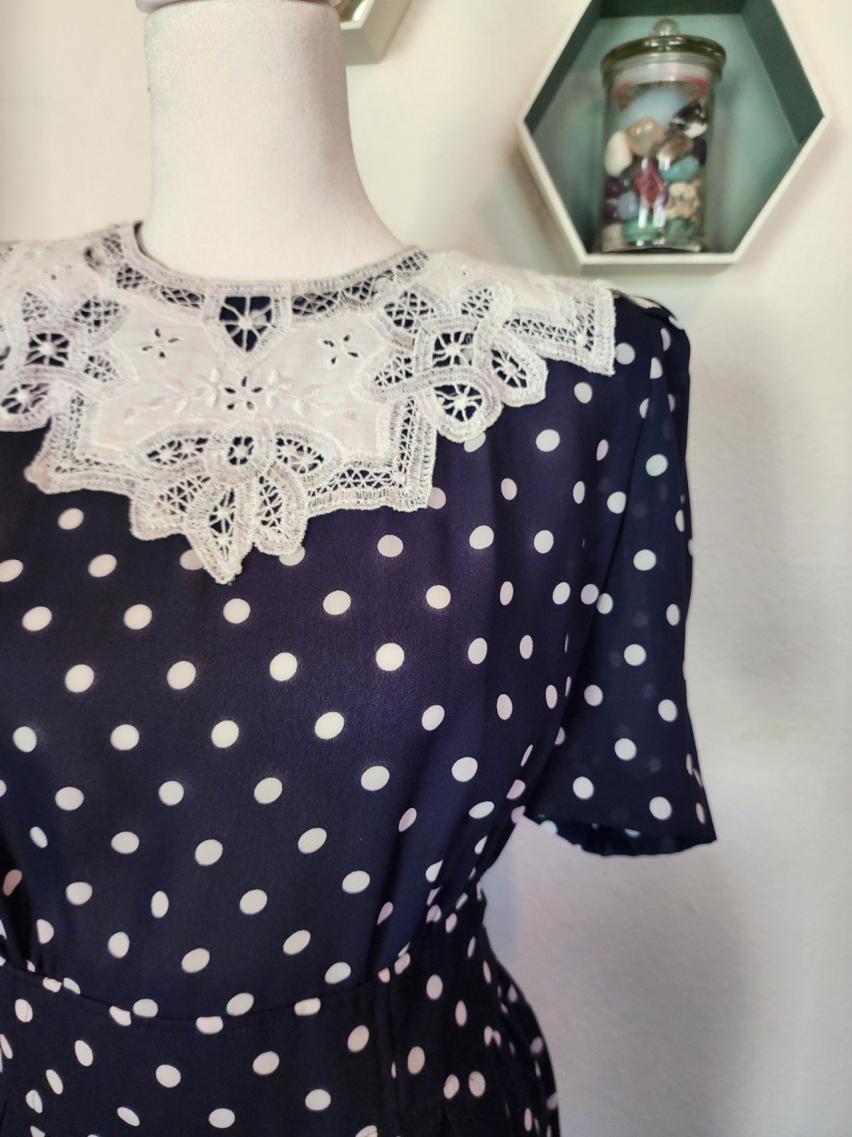 90s VTG KARIN STEVENS Cottagecore Modest Petites Polka Dot Pleated Midi Sz P8