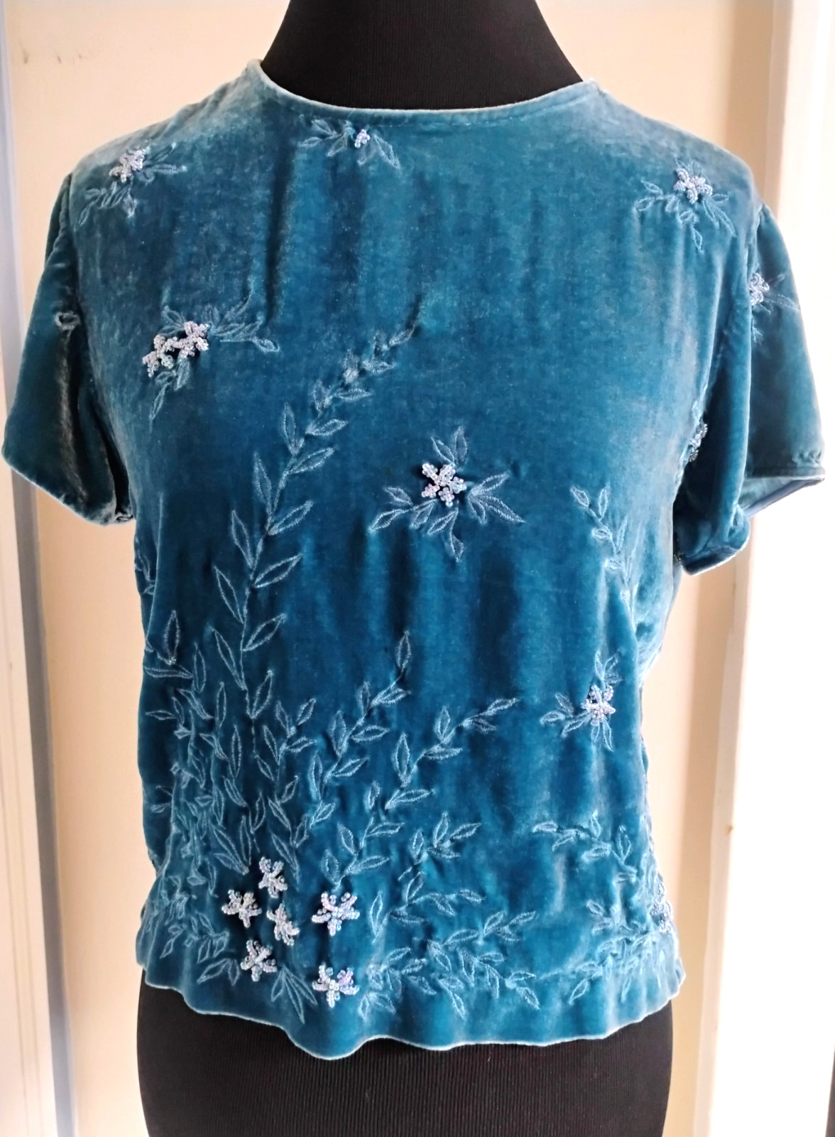 Vintage Field & Manor Teal Velvet beaded & embellished Top Size 8