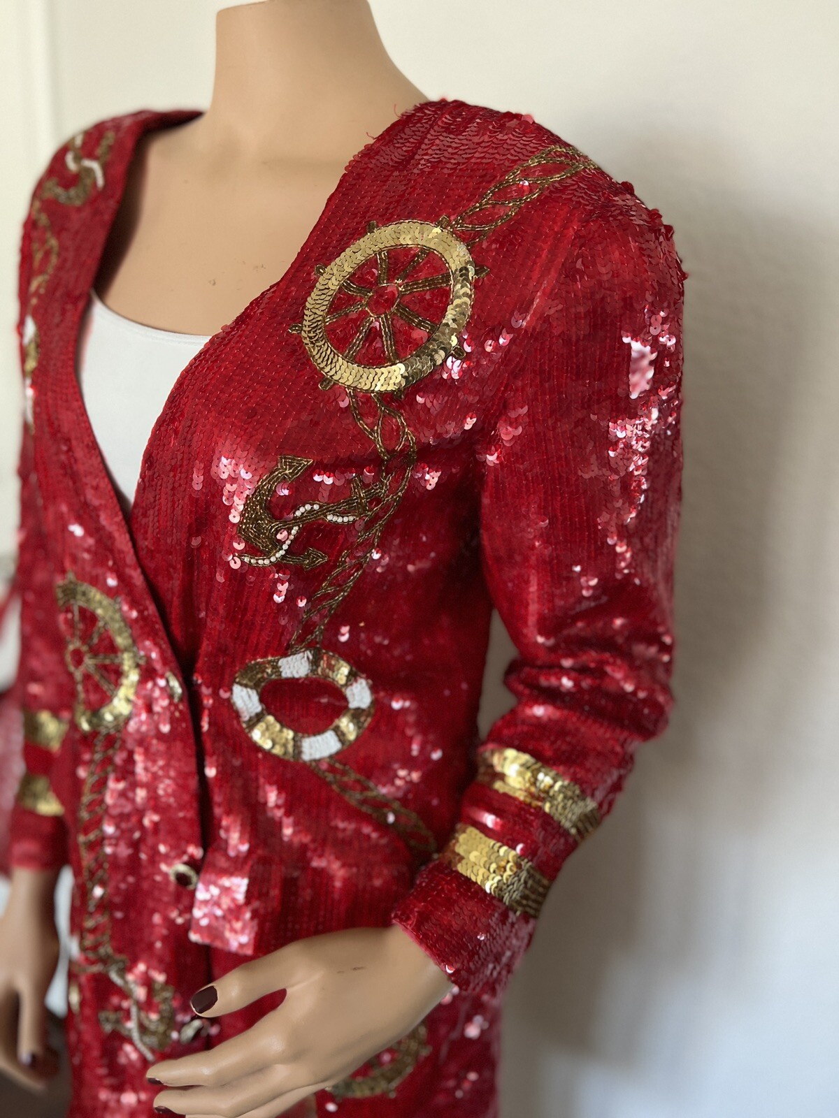 MODI Red Silk Sequin Beaded Double Breasted Nautical Anchor Jacket Skirt Set 6-8