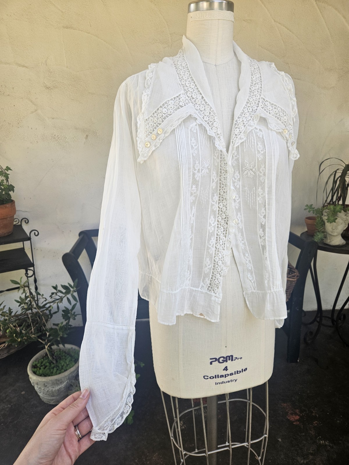 Antique 1900s Edwardian Cotton And Lace Button Up Blouse Delicate Pintucking…