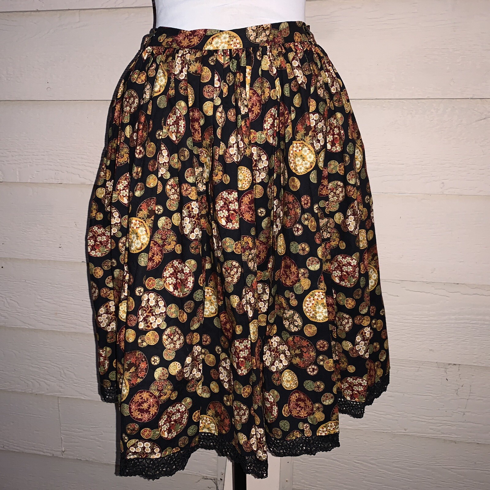 Vintage Retro Robert Kaufman Full Skirt 50s Brown Casual Party Floral Skirt S