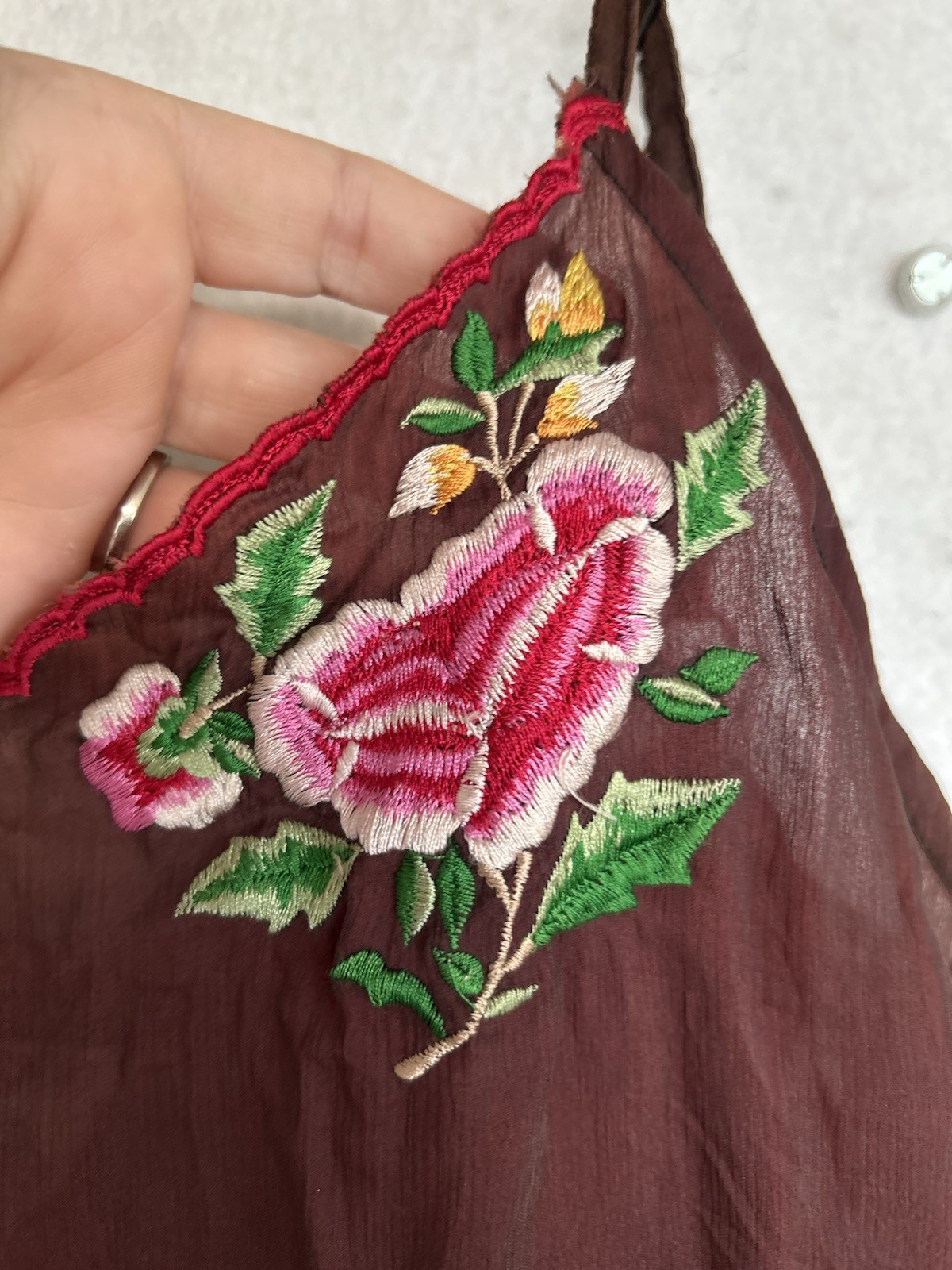 Vintage Y2K JouJou Rayon Embroidered Roses Cami Tank Top Whimsigoth Romantic 90s