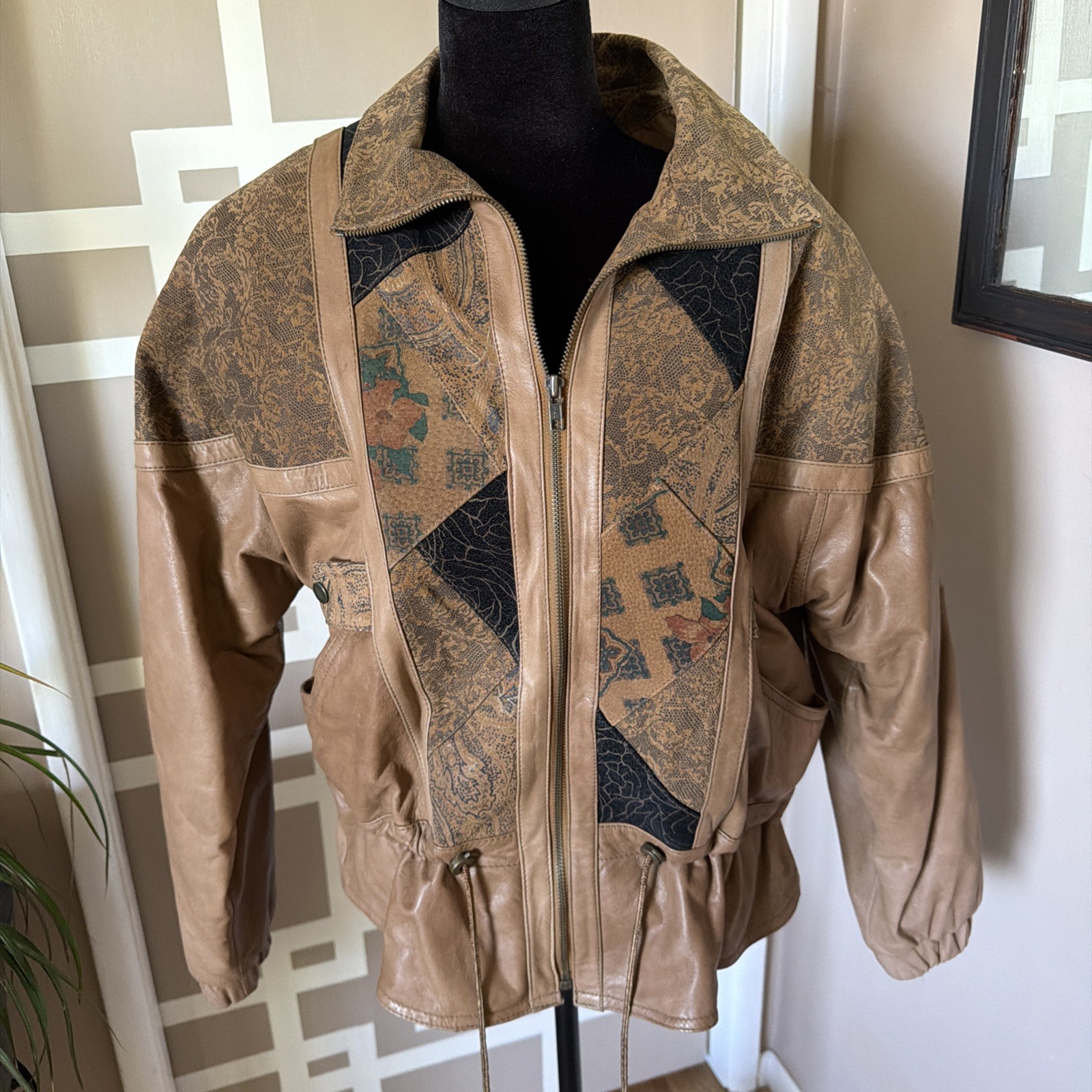 Vtg Jay Jacobs Leather Bomber Jacket 1980s, Patchwork Printed Sz M UNIQUE & COOL
