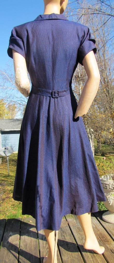 1940S NAVY & RED FITTED DRESS FLAIR SKIRT SHOULDER PADS PRINCESS SEAMS 26W