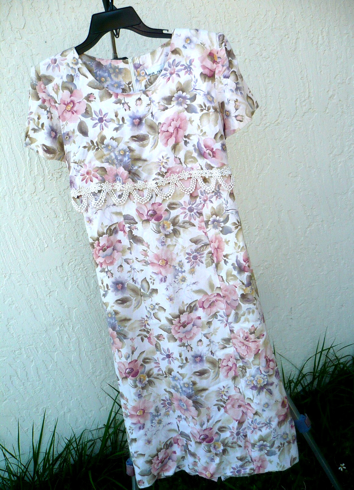 VTG 80S S M SARAH RICHARDS SRING EASTER PINK FLORAL LACE IVORY DRESS PASTEL TIES
