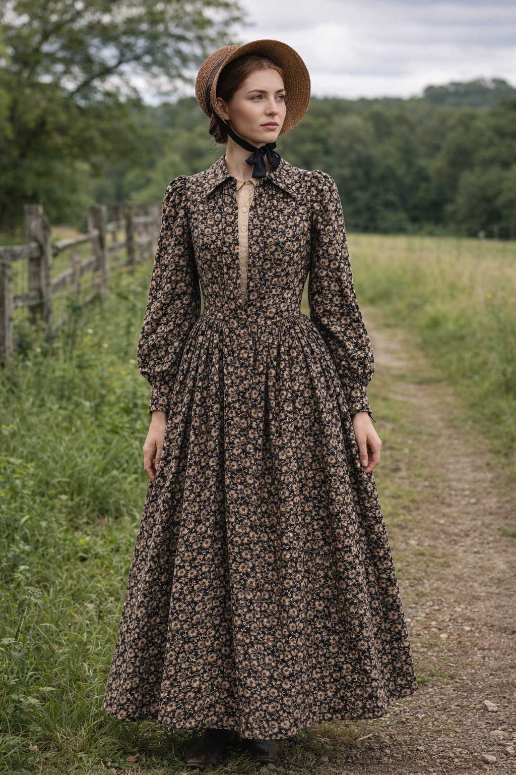 Antique Handmade Floral Primitive Dress Prairie 1800’s Hand stitched Unbranded