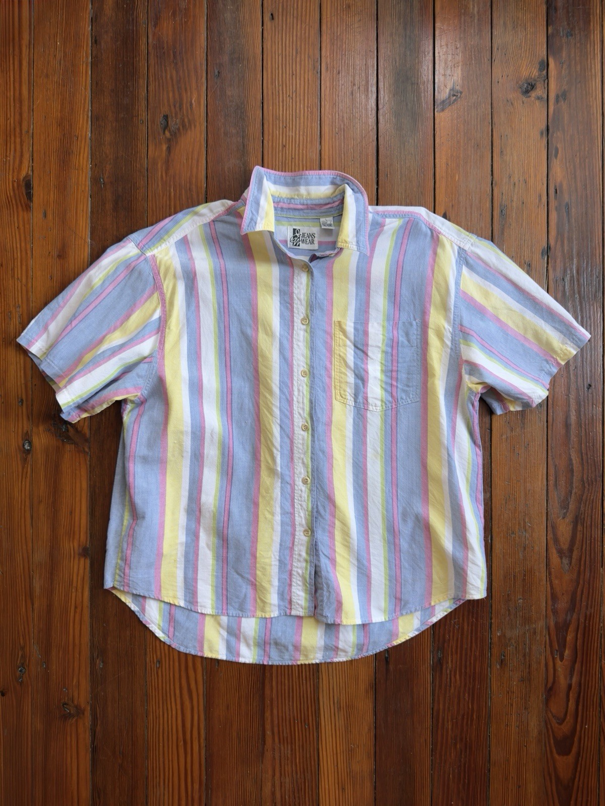 80s JW Jeans Wear 100% cotton short sleeve collared buttonup pastel stripe shirt