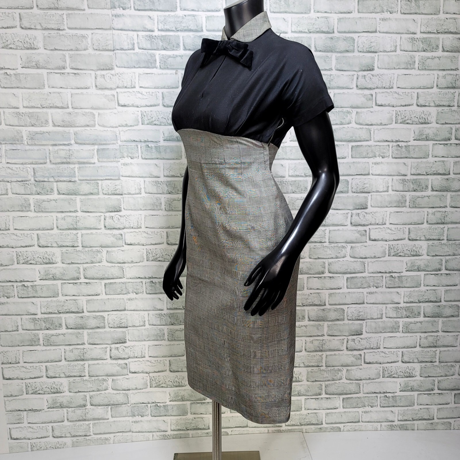 vintage 50s Pat Hartly Houndstooth Plaid Pencil Dress Bolero Set Keyhole Bow