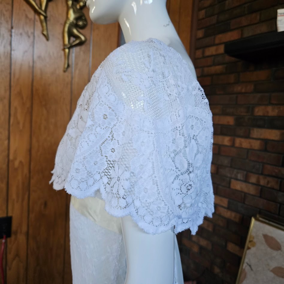 Vintage 70s Hippie Romantic Capelet Lace Wedding Reception Maxi Dress Gown XS/S