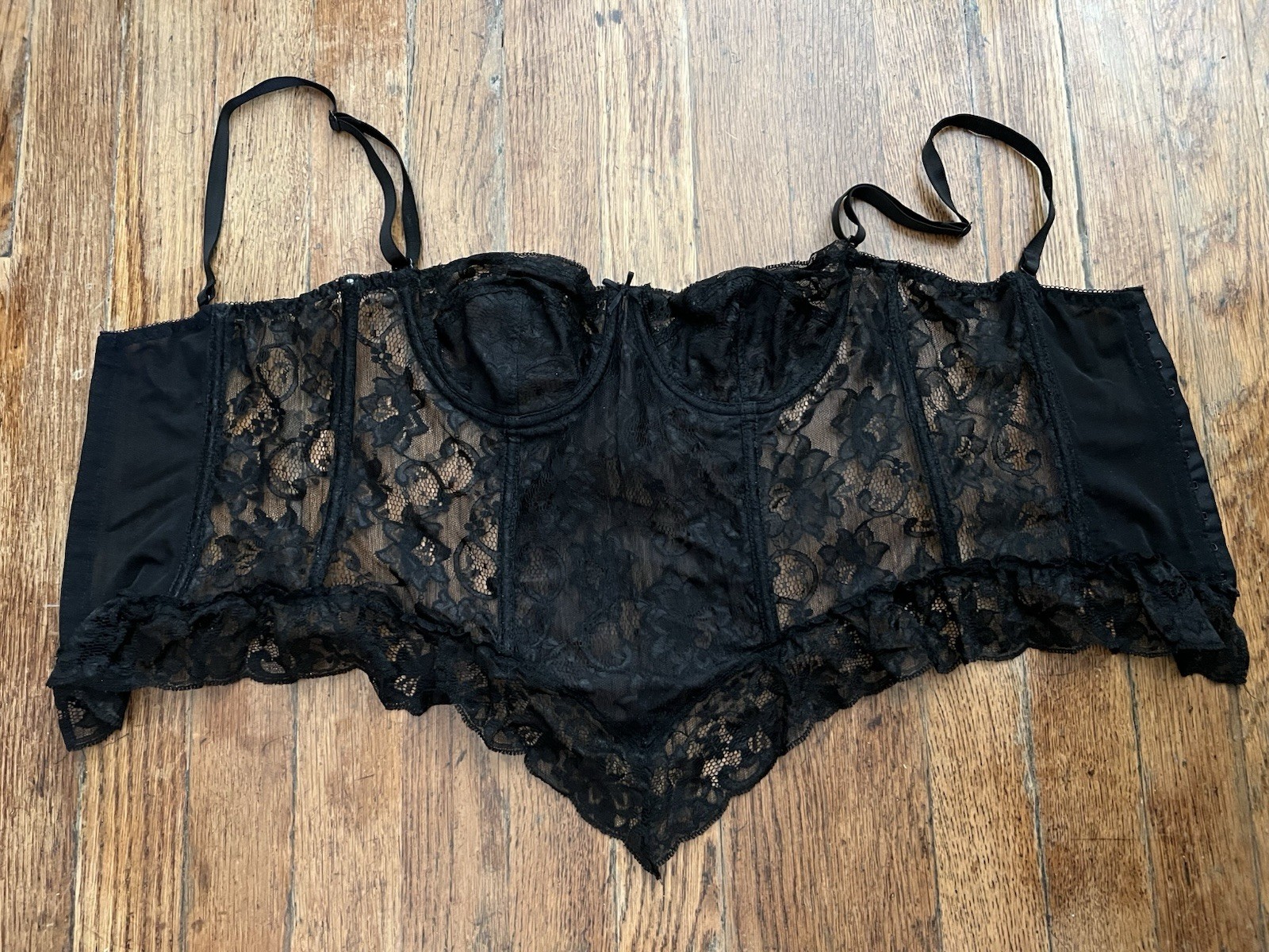 Mid Century Vintage Black Lace Corset Bustier Bra Boning Ruffled Boudoir Pinup