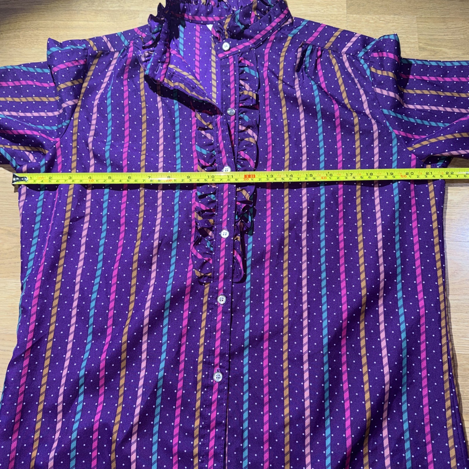 Women’s Purple Striped Polka Dot Blouse Sz Lg High Neck Ruffles Button Up VTG