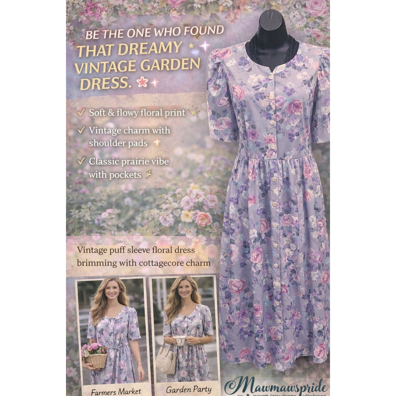Tabby of California Vintage Floral Puff Sleeve Prairie Dress Purple Pink Size 10
