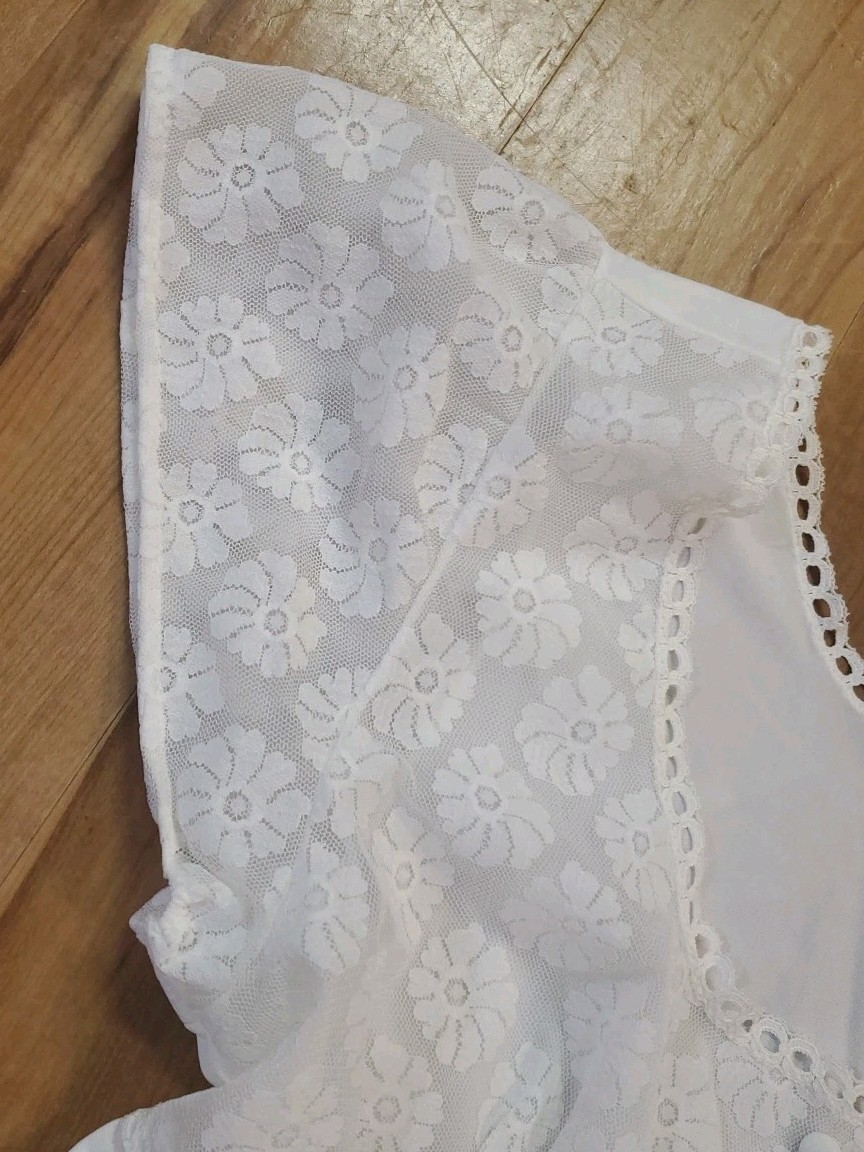 Vintage Penneys Gaymode Short Sleeve White Floral Long Night Gown Large *FLAWS