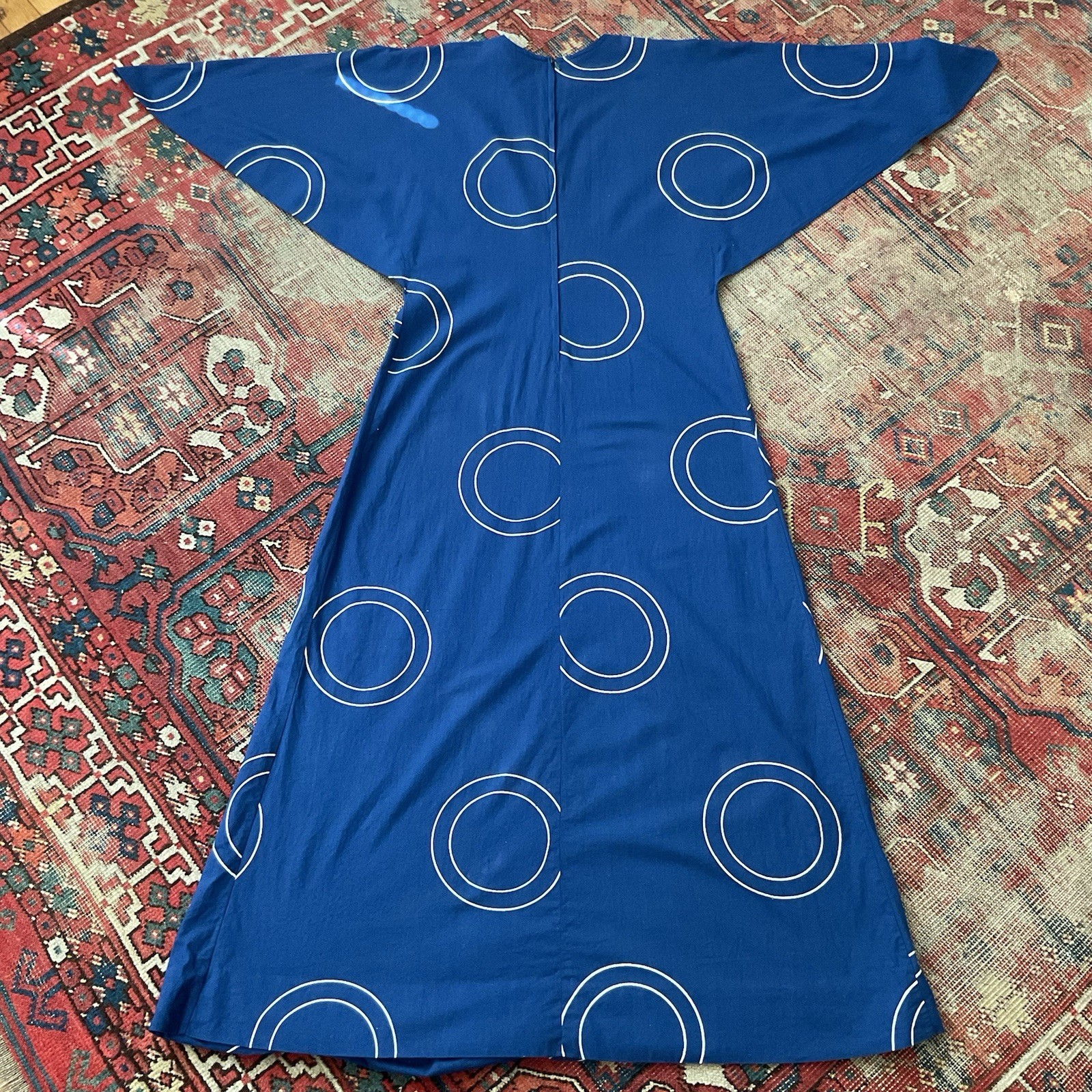 Vintage 1970s VUOKKO Finland Blue Circles Cotton Dress Kimono Sleeve Modernist