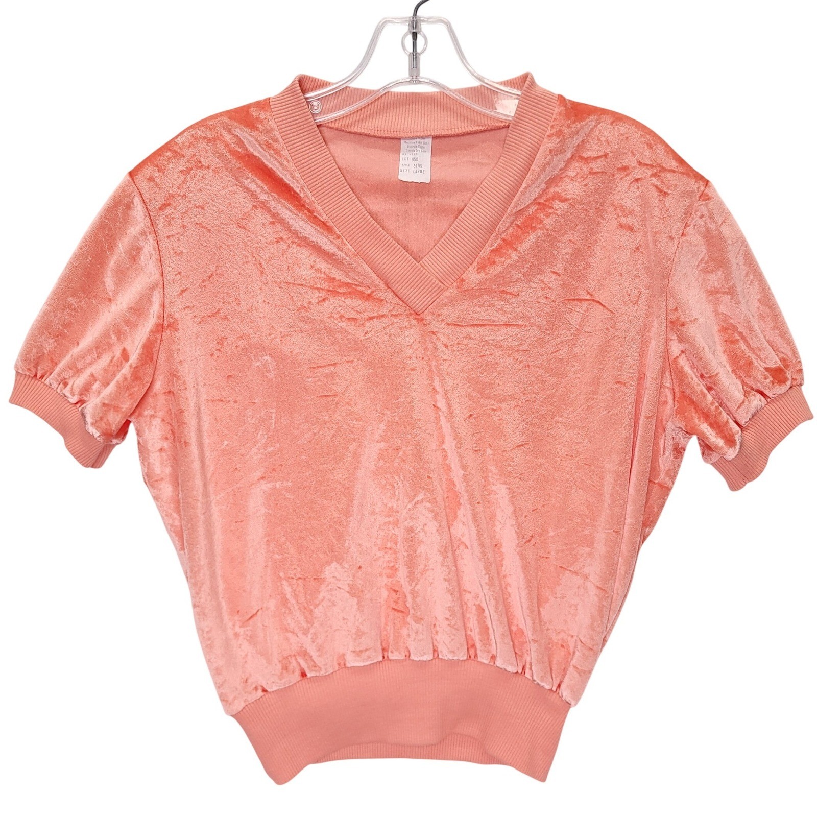 Vintage Peach Coral Crushed Velvet V-Neck Short Sleeve Top Large
