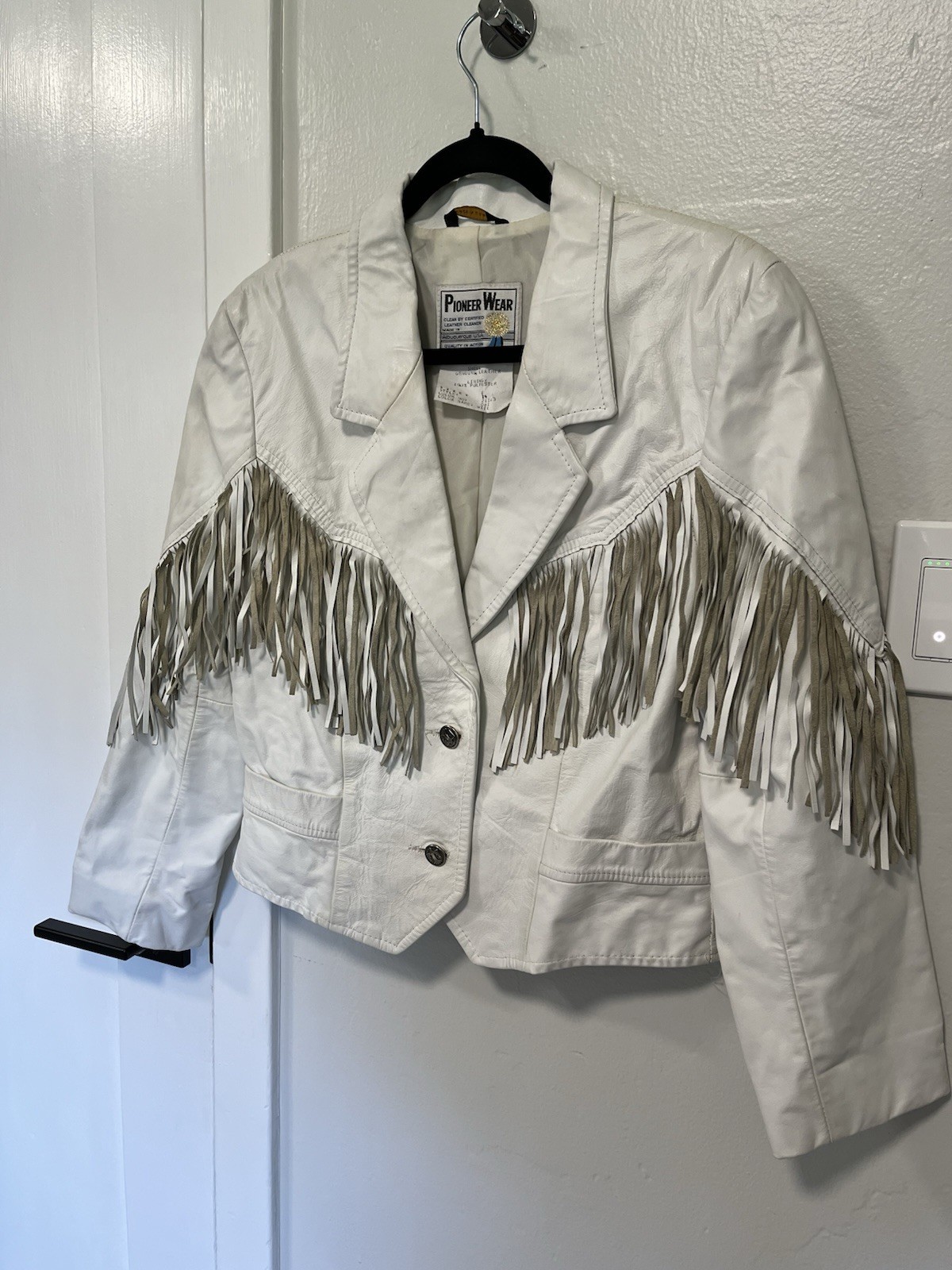 Vintage Pioneer Wear Womens 14 White Leather Fringe Western Cowgirl Jacket S/M