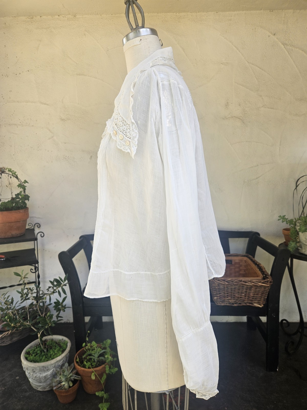 Antique 1900s Edwardian Cotton And Lace Button Up Blouse Delicate Pintucking…