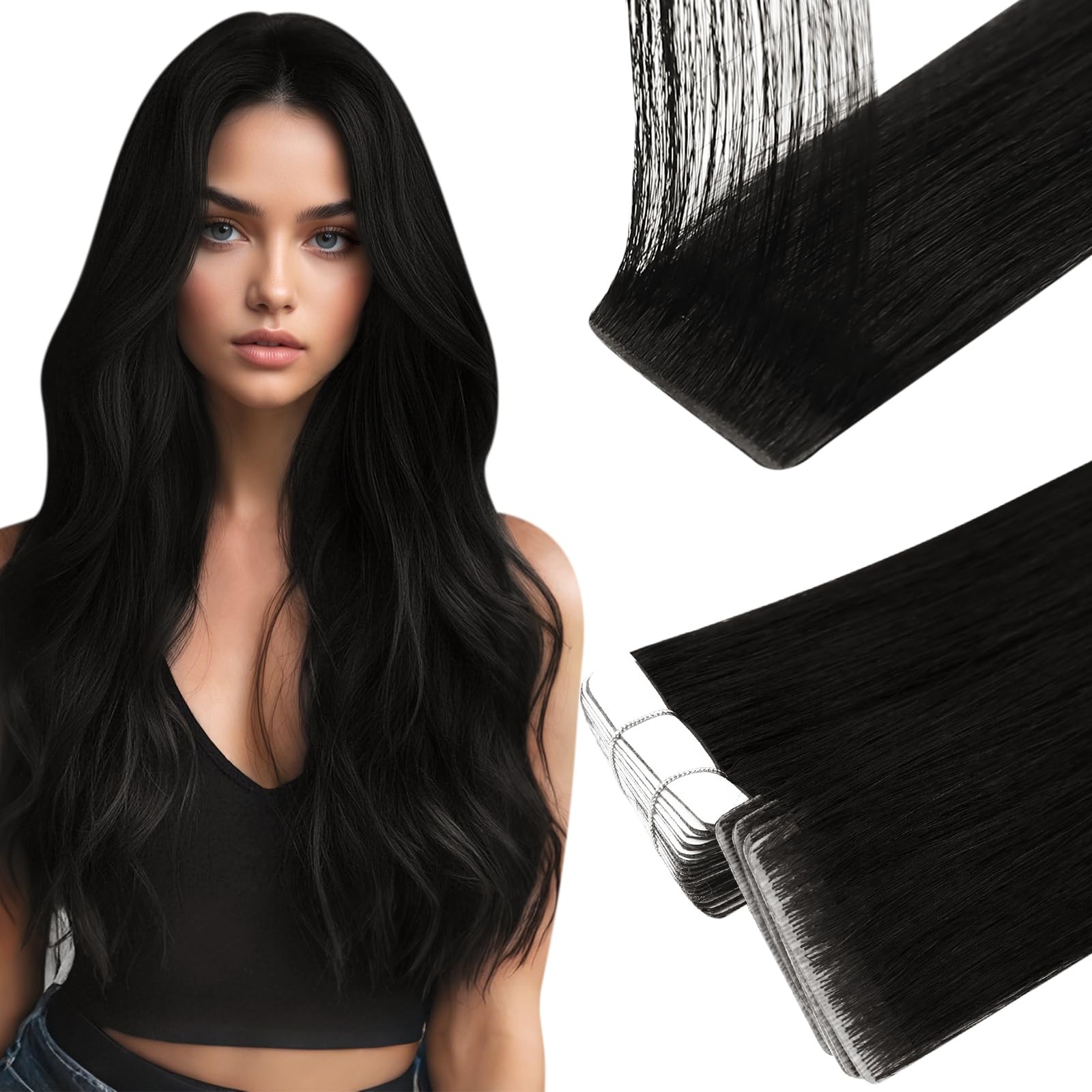 Full Shine Invisible Tape in Hair Extensions Color 1B Human HairInvisi Edge Inje