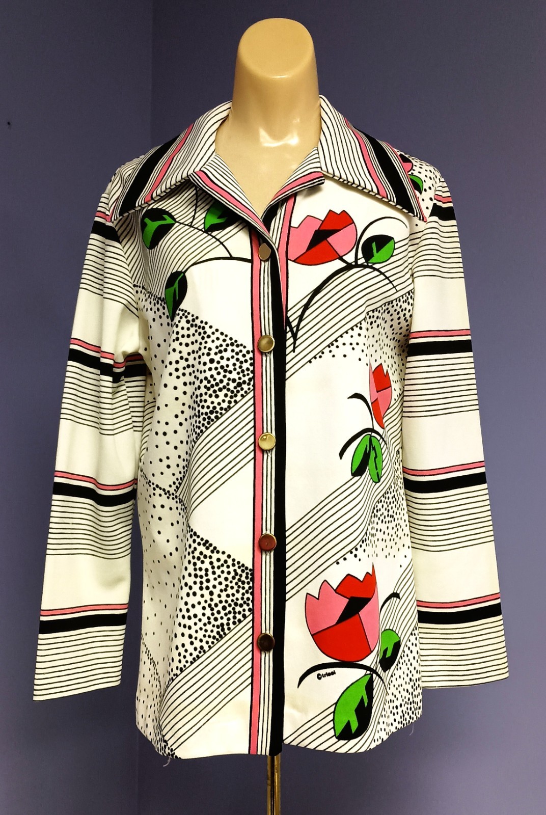 Vtg 70’s Ladies Trissi White/Black/Pink Polyester Geometric and Floral Blouse Lg