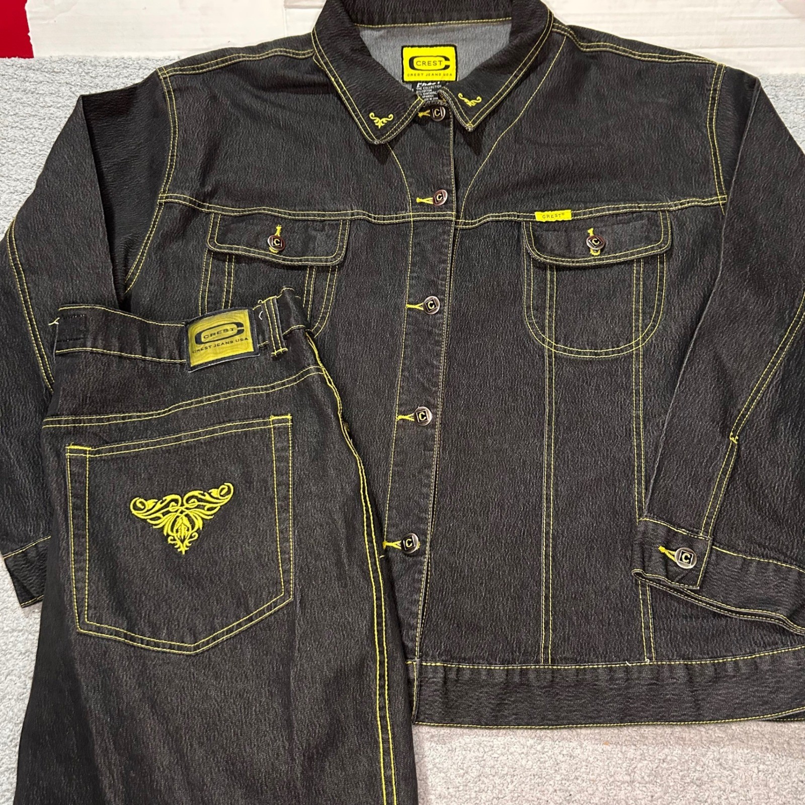 Crest Jeans USA Denim Set 20 Black Yellow Y2K Streetwear Cyber Rave Vintage