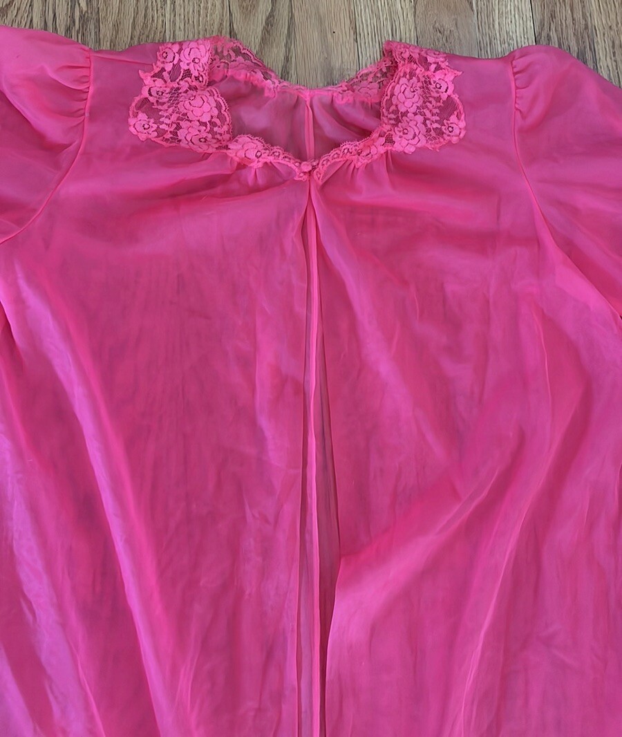 60s Vtg Pale Red Sheer Nylon MIDI Robe Chiffon & Lace Boudoir Lingerie Sexy