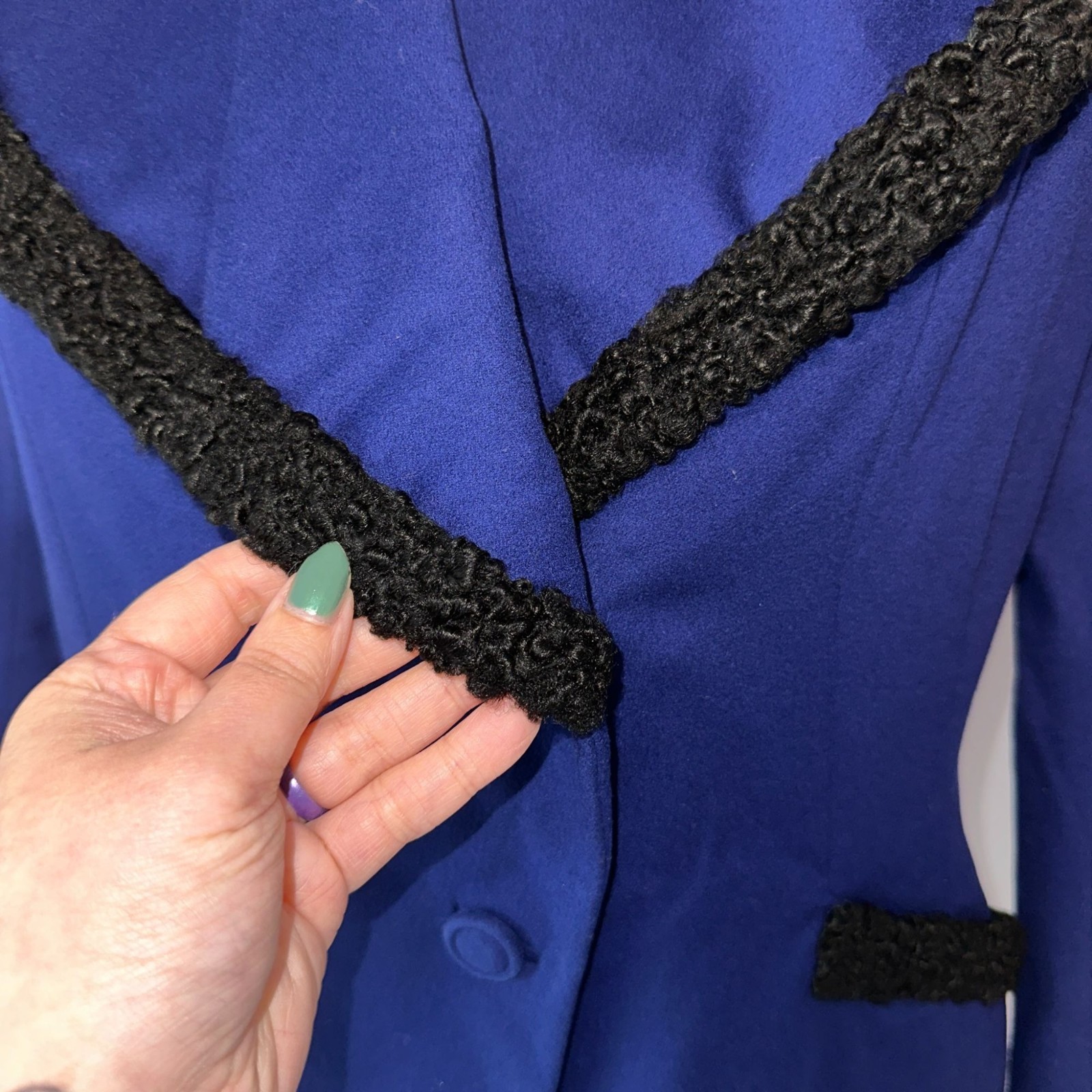 Vintage 50s Navy Blue Boucle Wool Trim Black Fitted Blazer Jacket Womens Medium