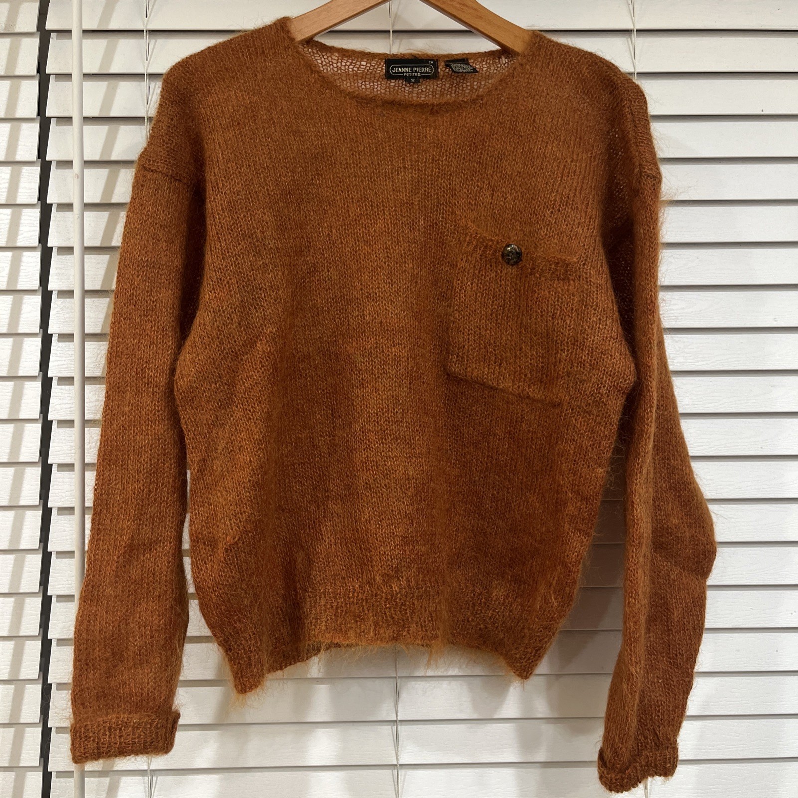 Jeanne Pierre Womens Vtg 80s Camel Brown Sweater Small Petite Mohair Pocket