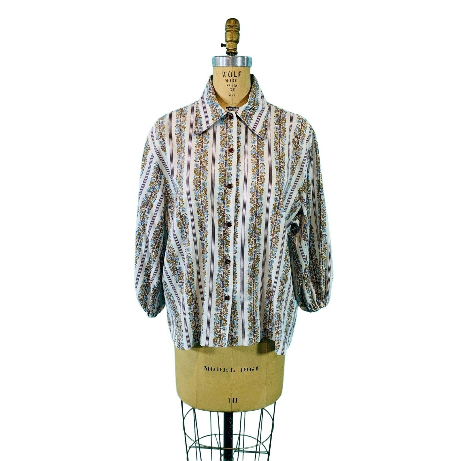 Vintage 1970s Floral Blouse Boho Land 'N Sea Striped Top B 52″
