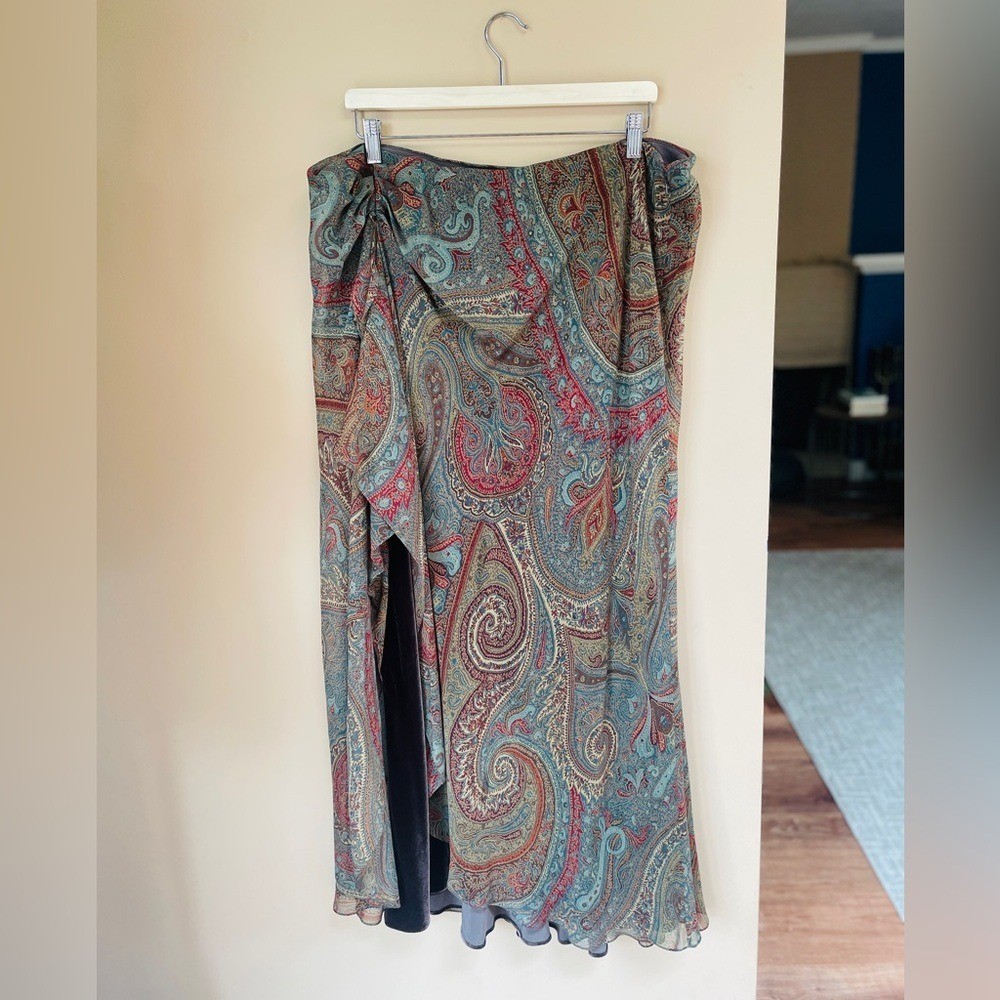 Lauren Ralph Lauren VTG Velvet Silk Chiffon Maxi Skirt 18W Whimsical Paisley