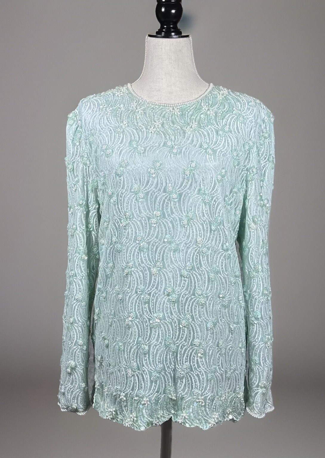 Vintage Top L Green Sequin Beaded Fairycore Artsy Lace Sheer Lined Party Blouse