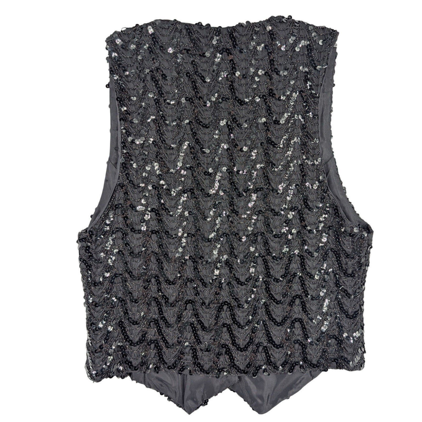 Malbe Vintage Black Sequin Cropped Vest Womens Small V-Neck Zig Zag Glam