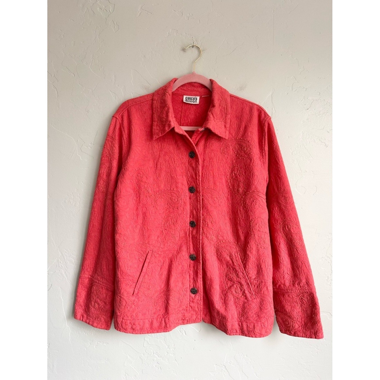 90’s Vintage Chico’s Design Coral Salmon Pink Embroidered Button Jacket Large