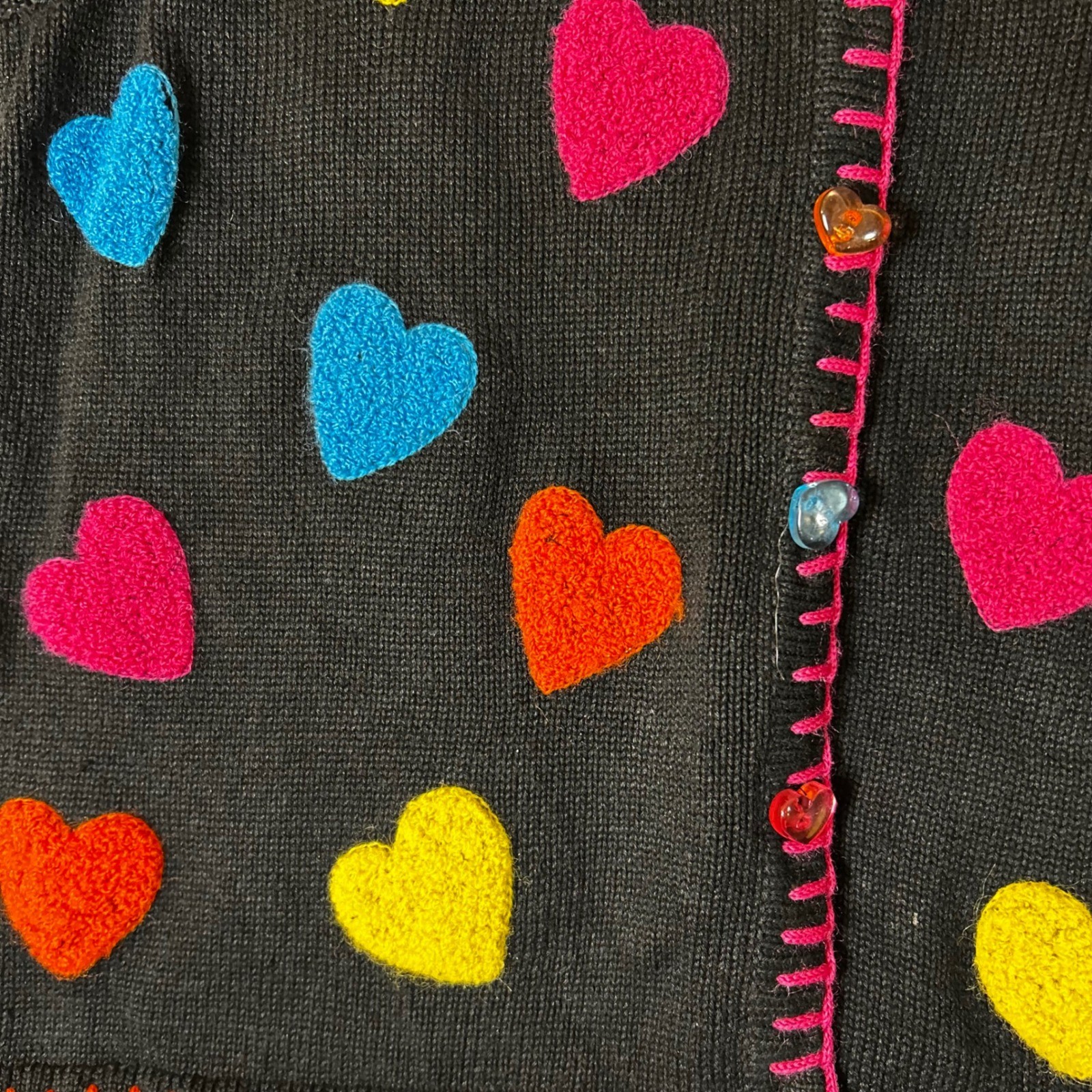 Marisa Christina Vintage Heart Patch Sweater Vest Black Multi Color Buttons M