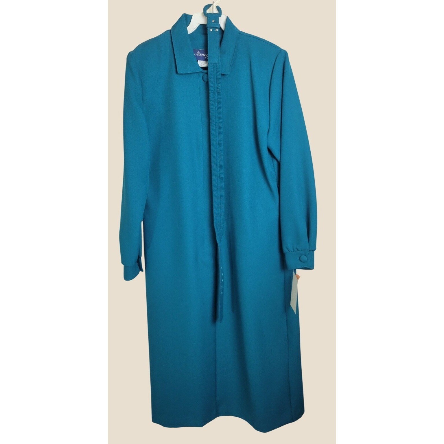 Vtg Nancy II Midi Dress 80s Minimalist Belted Long Sleeve Modest Teal Blue 10