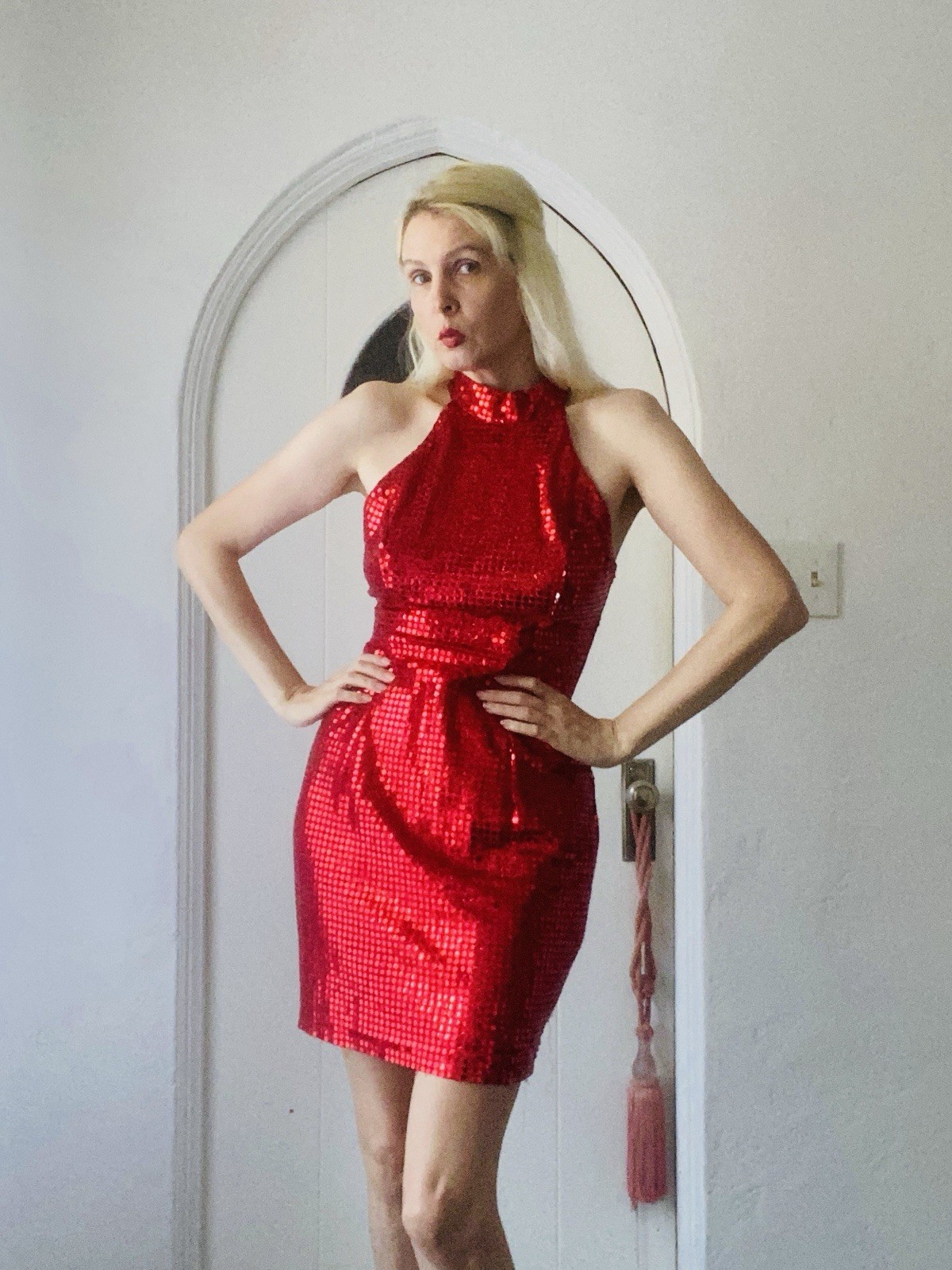 Vintage Fredrick’s of Hollywood Red Sequined Side Zip Disco Dress 7/8 Size