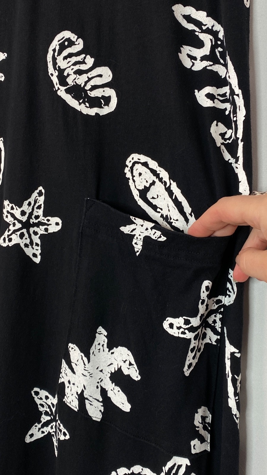 Vintage 1990s novelty print midi dress M fish star beach cotton relaxed pockets