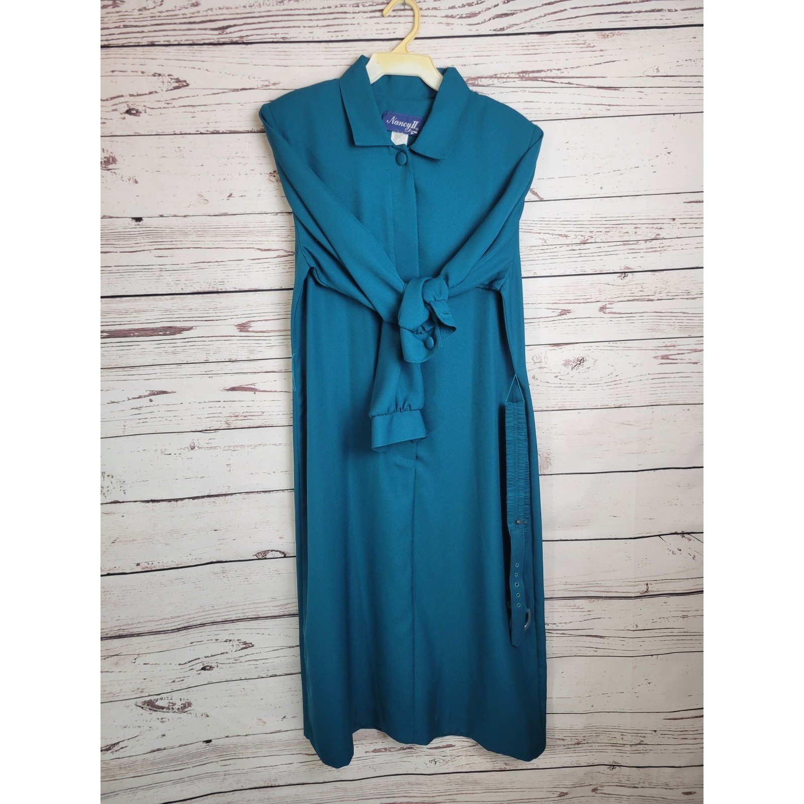 Vtg Nancy II Midi Dress 80s Minimalist Belted Long Sleeve Modest Teal Blue 10