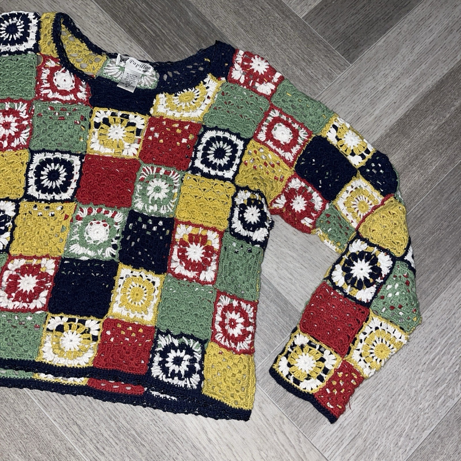 Papillon Los Angeles Crochet Granny Square Long Sleeve Top Vintage Multi Sz Med