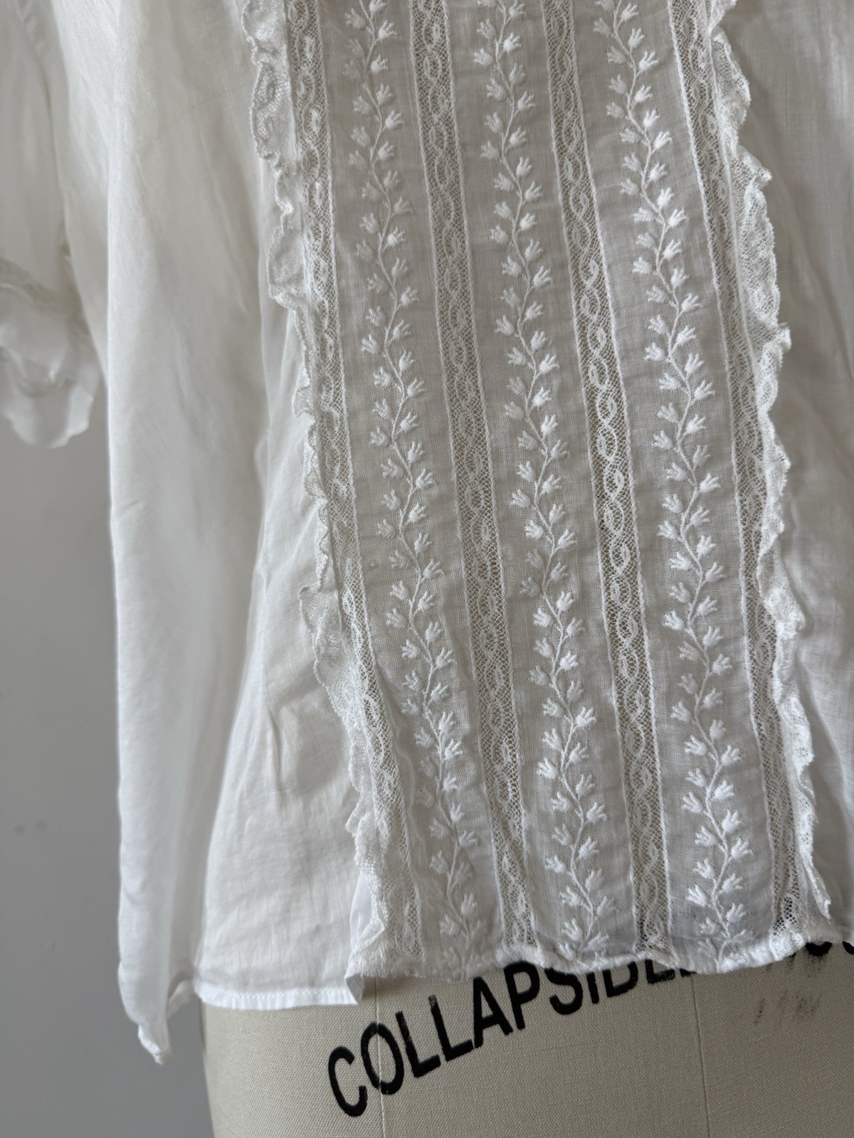 Antique Edwardian 1910s Sheer While Cotton Voile Blouse Embroidered Lace Panels