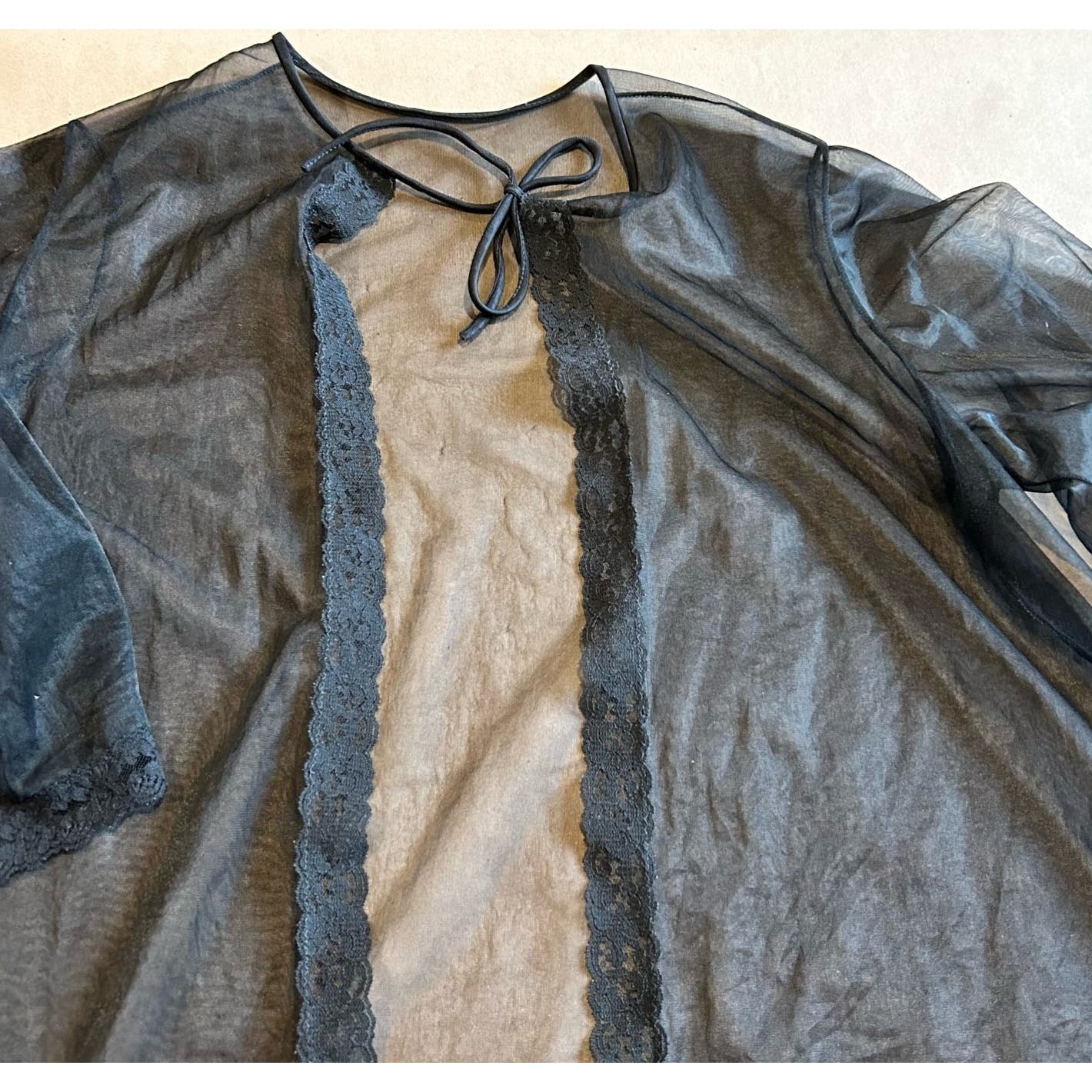 Vintage Black Sheer Lace Bell Sleeve Boudoir Jacket Pin Up Lingerie S/M