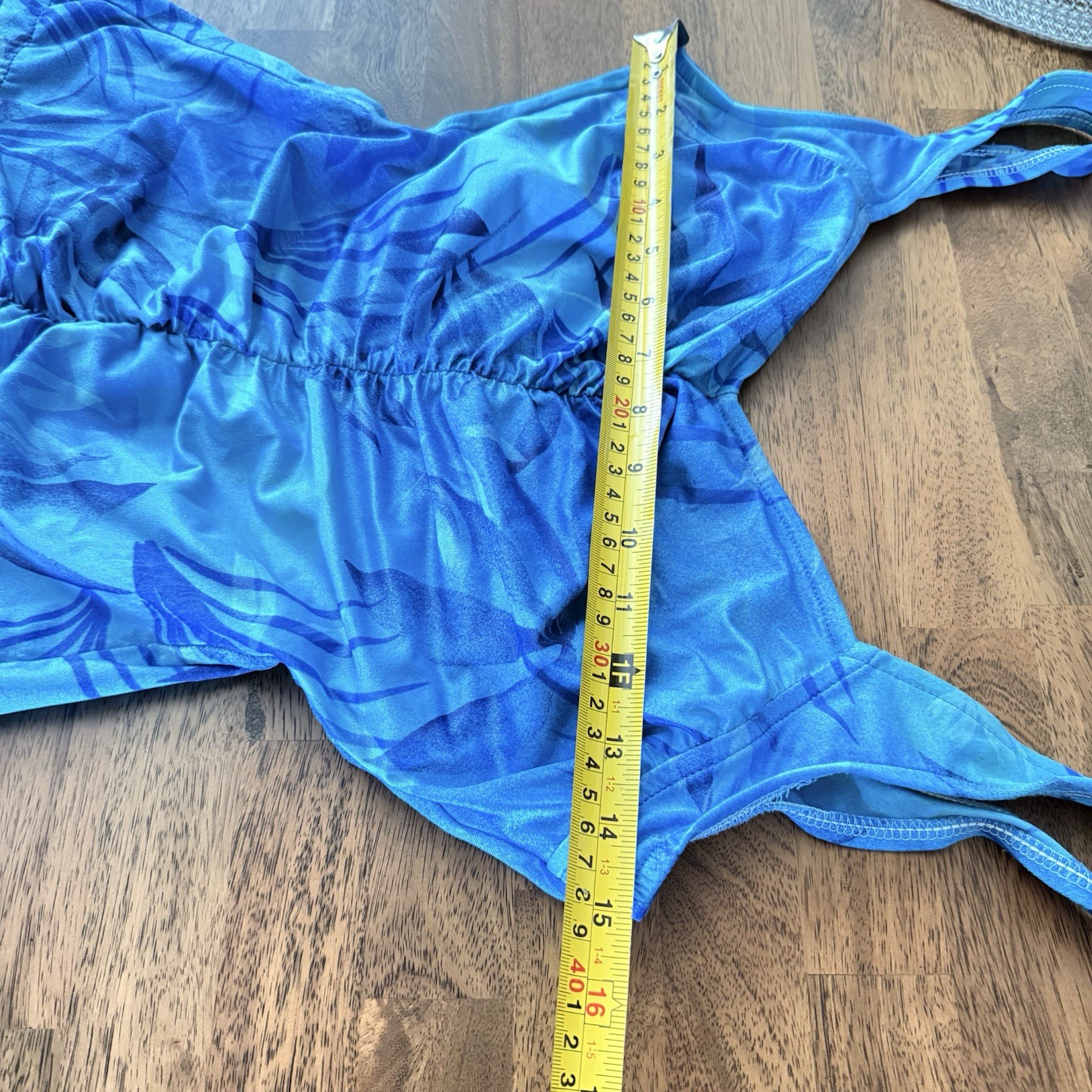 Vintage Maxine of Hollywood One Piece Swimsuit 12 Ruched Blue Palm Leaf 90s