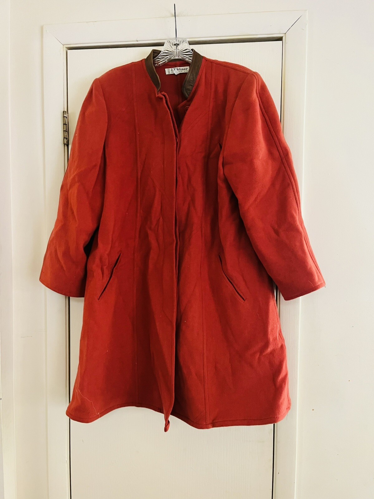 Vintage Wool J. Tiktiner Made In France Button Front Leather Collar Coat L