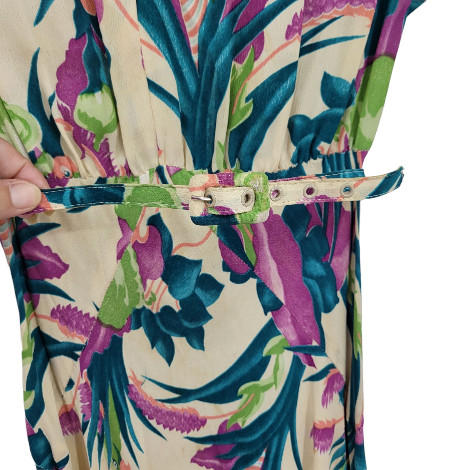 Vintage 70’s Women’s Dress XXS Peter Pan Belted Midi Tropical Love Bird Parrot